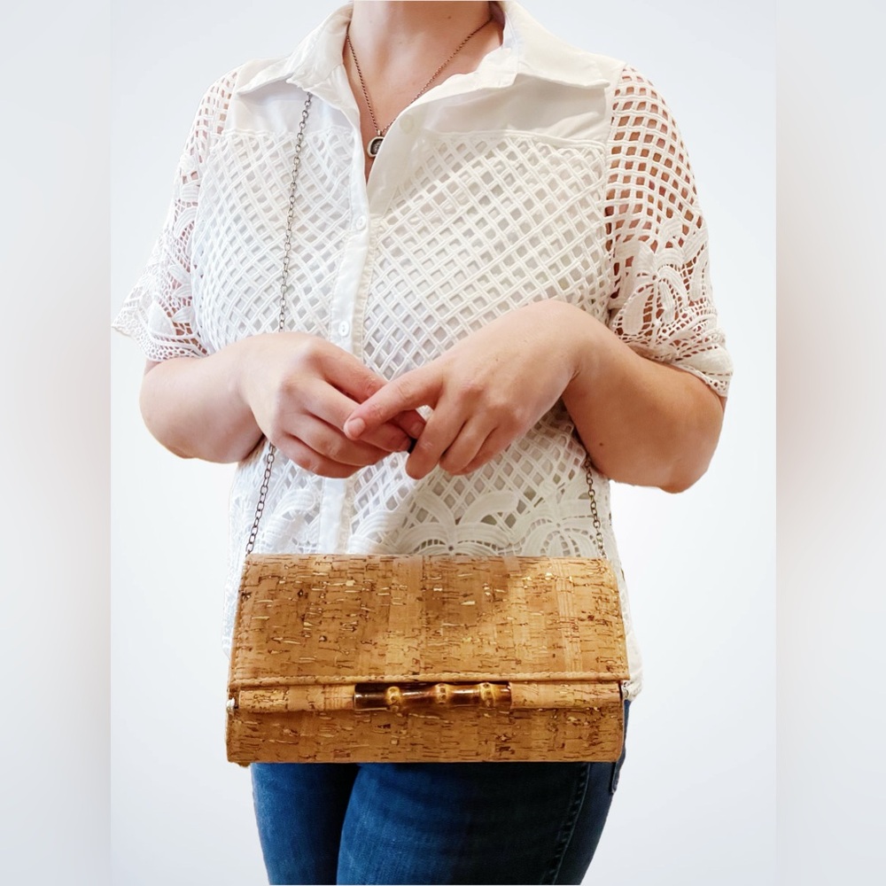 Vintage Gold Cork Convertible Crossbody with Bamboo Accent - FREE CHARM